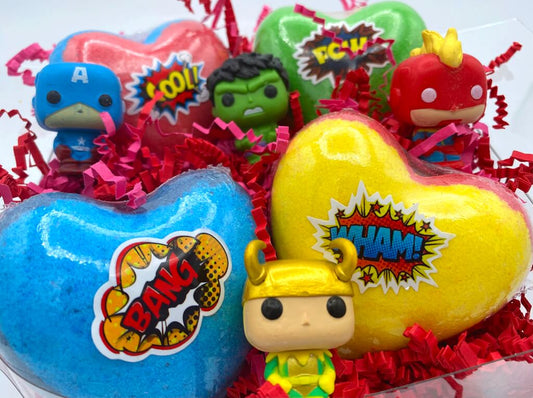 Superhero Valentine Hearts Kids Bath Bomb Gift Box with Superhero Toy Inside - 4 ct - Berwyn Betty's Bath & Body Shop