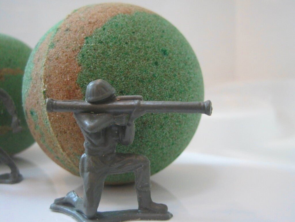 20% OFF Memorial Day Weekend Special! Camouflage Bath Bomb with Soldier Toy Inside - Berwyn Betty's Bath & Body Shop