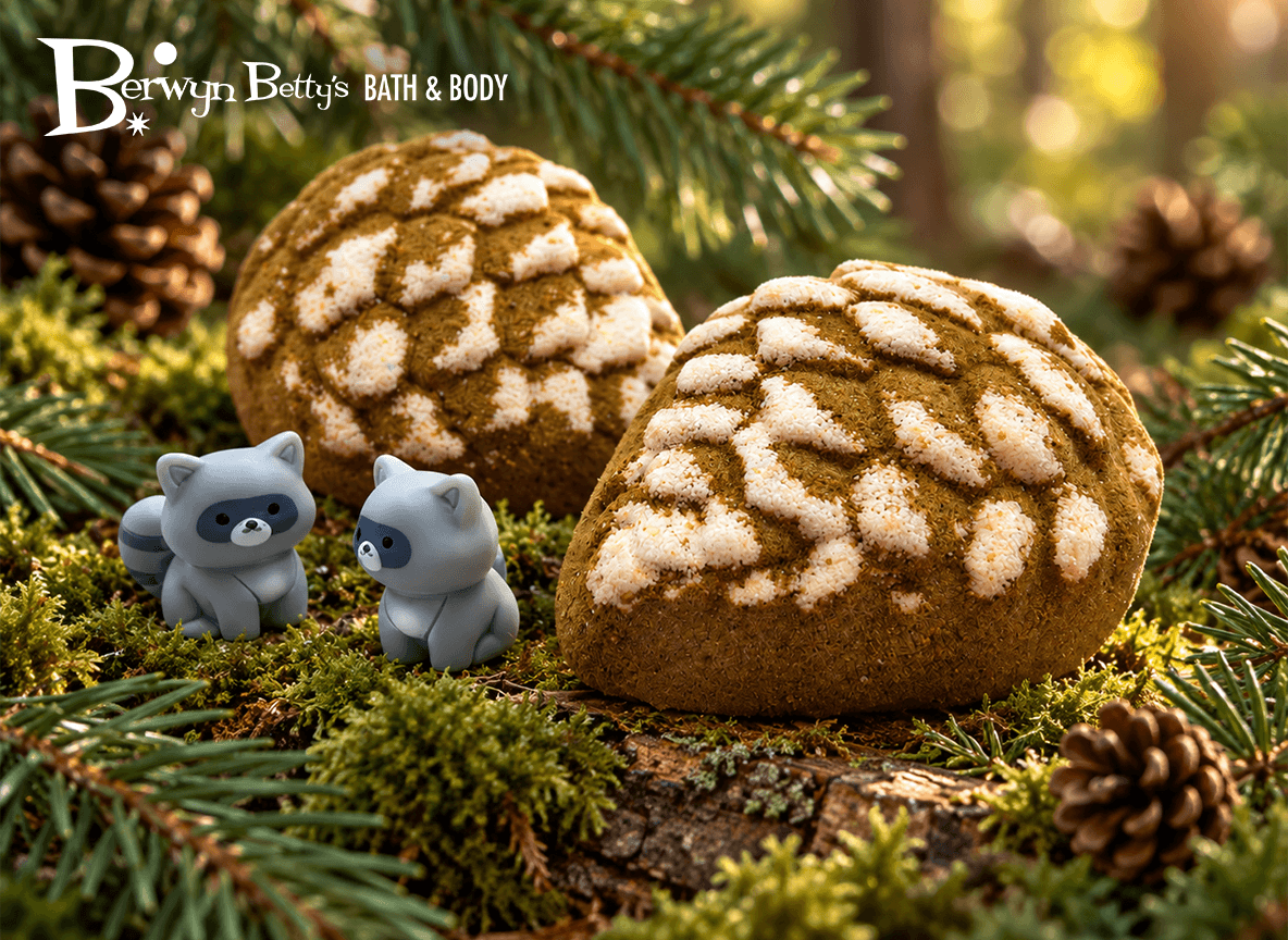 Snow Dusted Pine Cone Bath Bomb for Kids with Raccoon Figure Inside