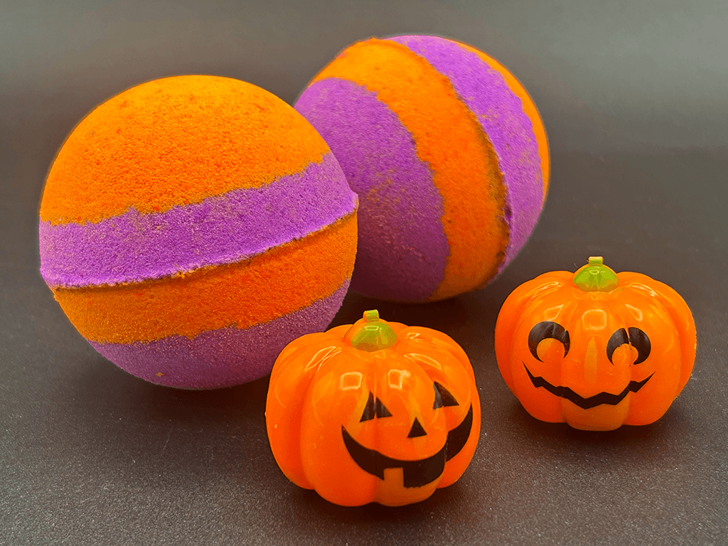 Neon Striped Halloween Bath Bomb for Kids with Pumpkin Pullback Racer Toy Inside