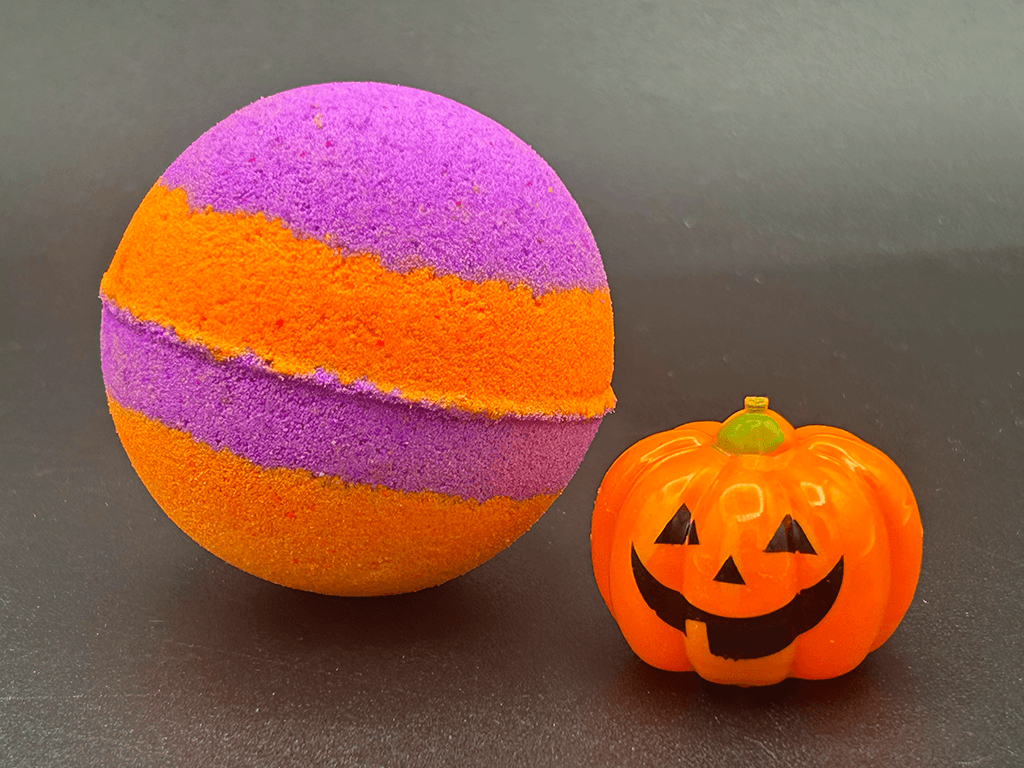 Neon Striped Halloween Bath Bomb for Kids with Pumpkin Pullback Racer Toy Inside