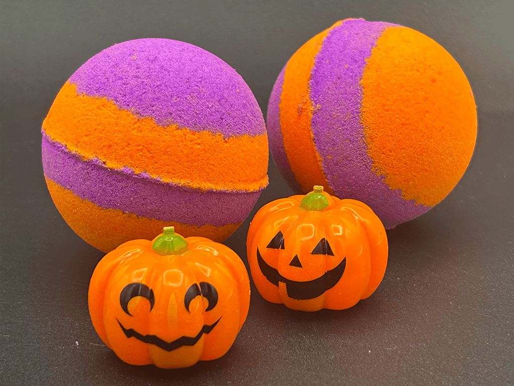 Neon Striped Halloween Bath Bomb for Kids with Pumpkin Pullback Racer Toy Inside
