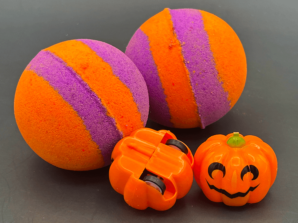 Neon Striped Halloween Bath Bomb for Kids with Pumpkin Pullback Racer Toy Inside