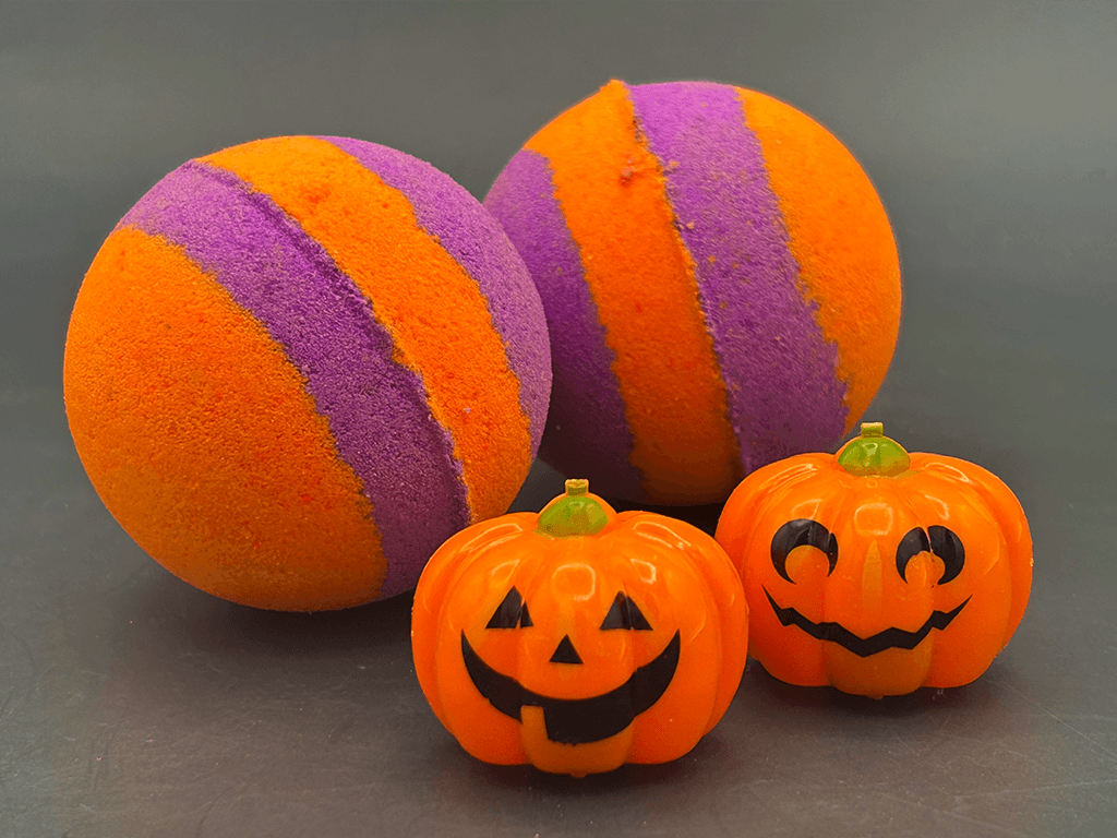 Neon Striped Halloween Bath Bomb for Kids with Pumpkin Pullback Racer Toy Inside