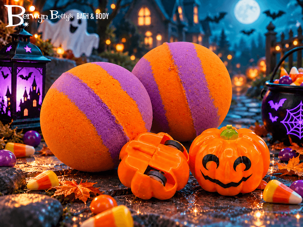 Neon Striped Halloween Bath Bomb for Kids with Pumpkin Pullback Racer Toy Inside