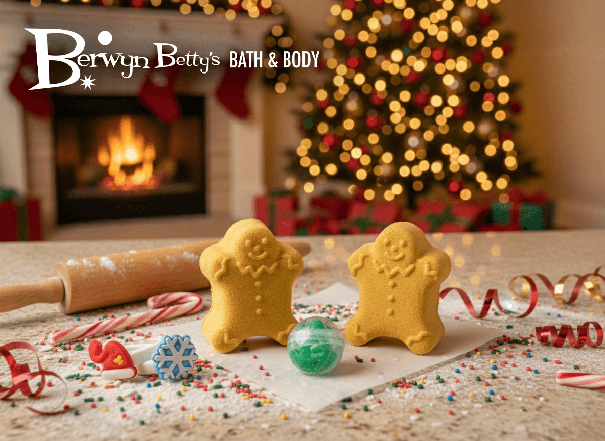 BASICS Holiday Gingerbread Guy Bath Bomb with Christmas Surprise - Berwyn Betty's Bath & Body Shop