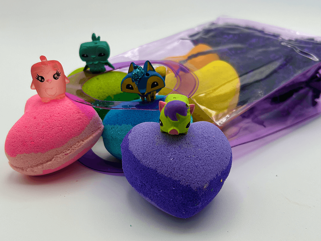 BASICS MINI HEARTS Kids Bath Bombs with Animal Toys in Each in Gift Bag - 6 ct - Berwyn Betty's Bath & Body Shop
