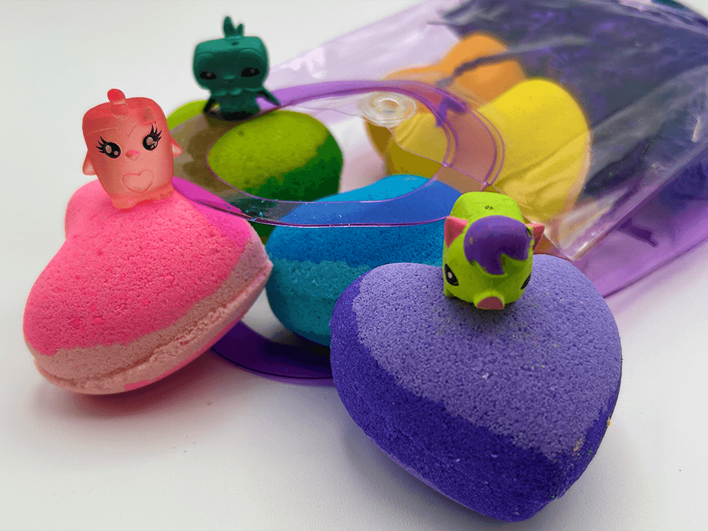 BASICS MINI HEARTS Kids Bath Bombs with Animal Toys in Each in Gift Bag - 6 ct - Berwyn Betty's Bath & Body Shop