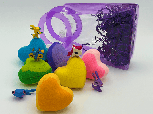 BASICS MINI HEARTS Kids Bath Bombs with Animal Toys in Each in Gift Bag - 6 ct - Berwyn Betty's Bath & Body Shop