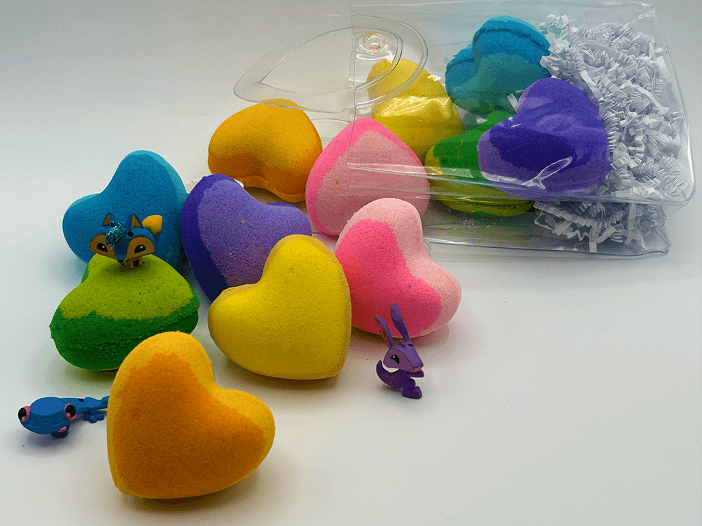 BASICS MINI HEARTS Kids Bath Bombs with Animal Toys in Each in Gift Bag - 6 ct - Berwyn Betty's Bath & Body Shop