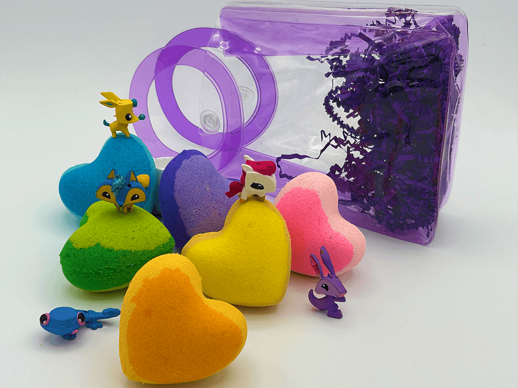 BASICS MINI HEARTS Kids Bath Bombs with Animal Toys in Each in Gift Bag - 6 ct - Berwyn Betty's Bath & Body Shop