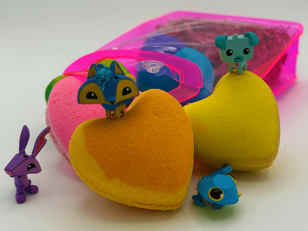 BASICS MINI HEARTS Kids Bath Bombs with Animal Toys in Each in Gift Bag - 6 ct - Berwyn Betty's Bath & Body Shop