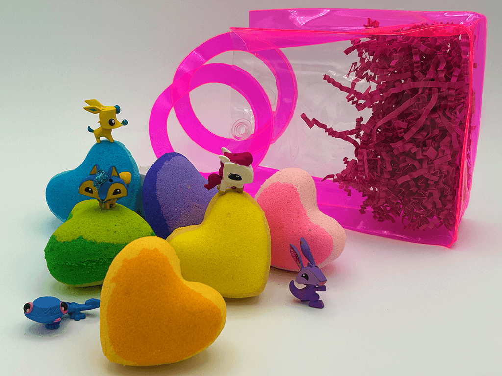 BASICS MINI HEARTS Kids Bath Bombs with Animal Toys in Each in Gift Bag - 6 ct - Berwyn Betty's Bath & Body Shop