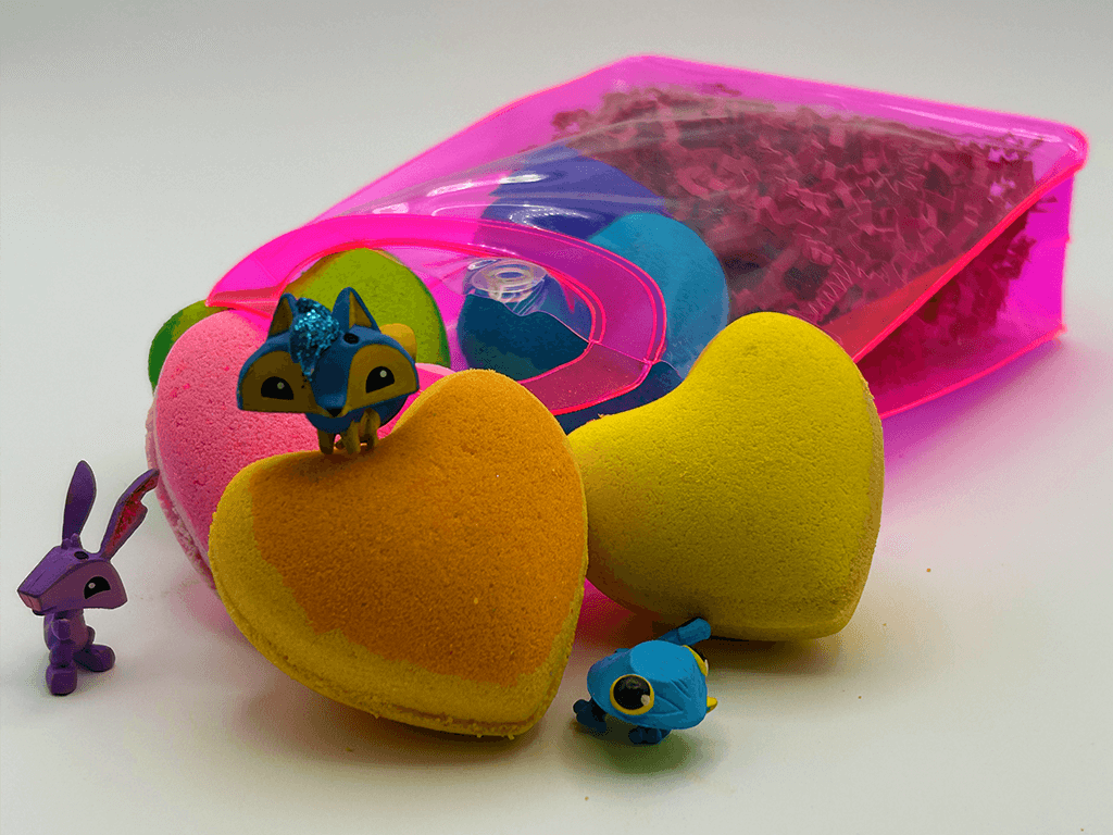 BASICS MINI HEARTS Kids Bath Bombs with Animal Toys in Each in Gift Bag - 6 ct - Berwyn Betty's Bath & Body Shop