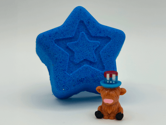 BASICS Patriotic Star Bath Bomb with Patriotic Highland Cow Figure Inside - Berwyn Betty's Bath & Body Shop