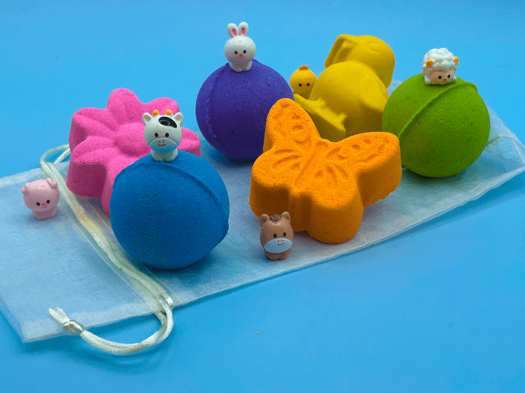 BASICS Spring Farm Babies Kids Bath Bomb Bag with Baby Farm Animal Figures Inside – 6 ct - Berwyn Betty's Bath & Body Shop