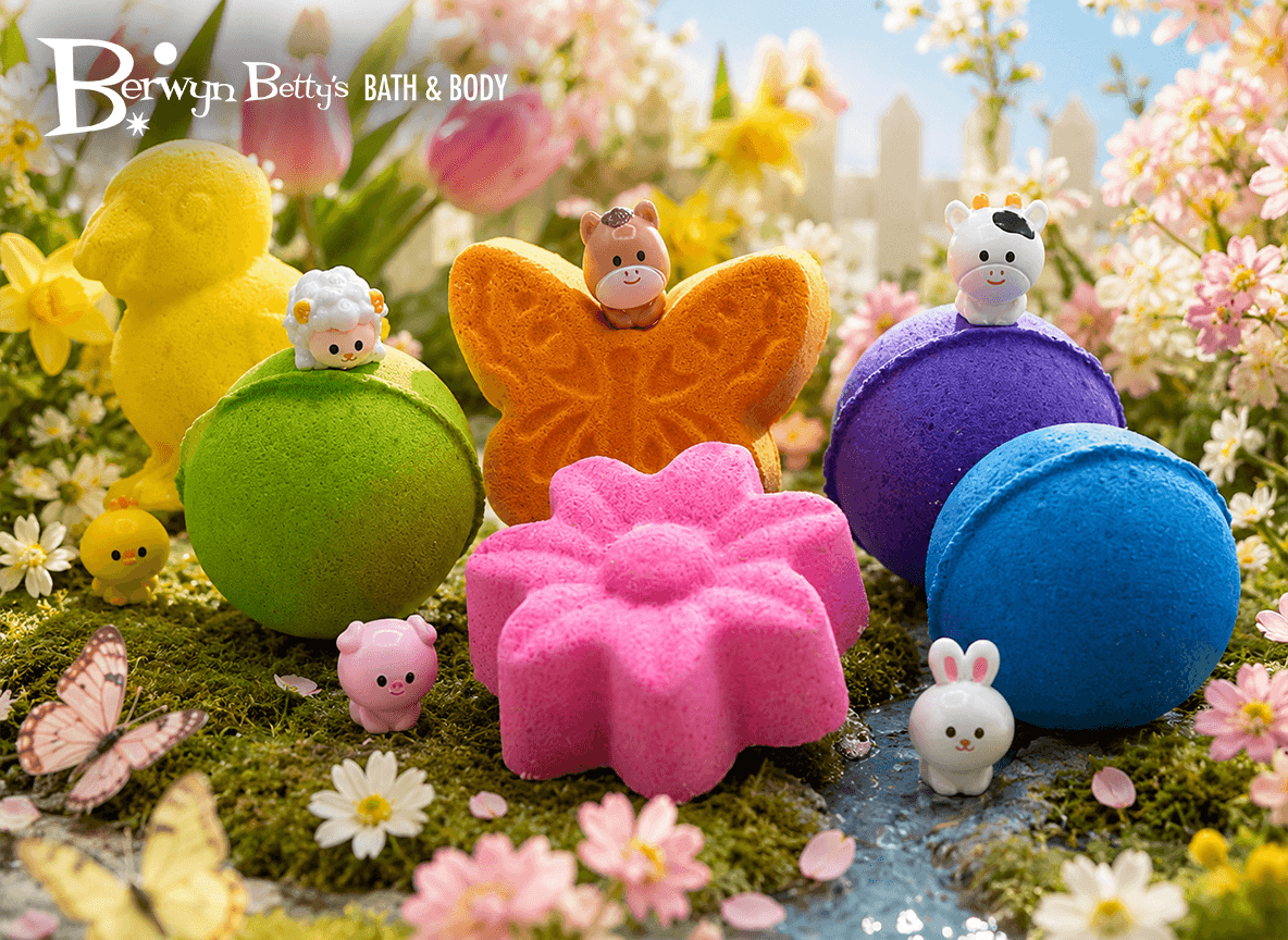 BASICS Spring Farm Babies Kids Bath Bomb Bag with Baby Farm Animal Figures Inside – 6 ct - Berwyn Betty's Bath & Body Shop