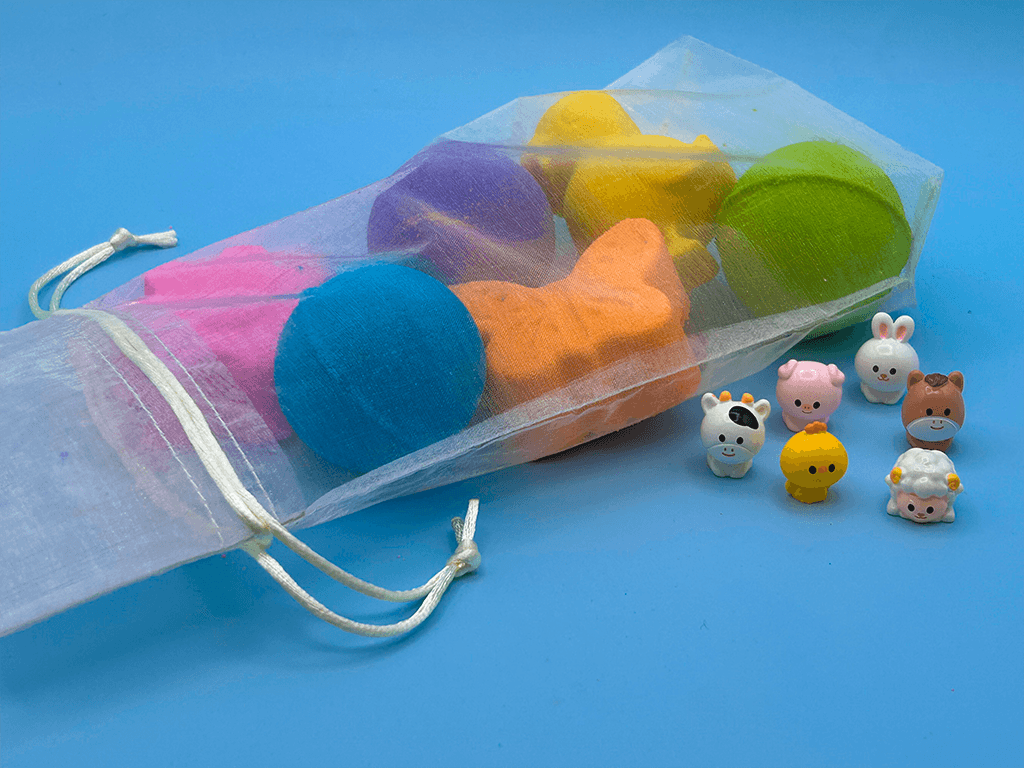 BASICS Spring Farm Babies Kids Bath Bomb Bag with Baby Farm Animal Figures Inside – 6 ct - Berwyn Betty's Bath & Body Shop