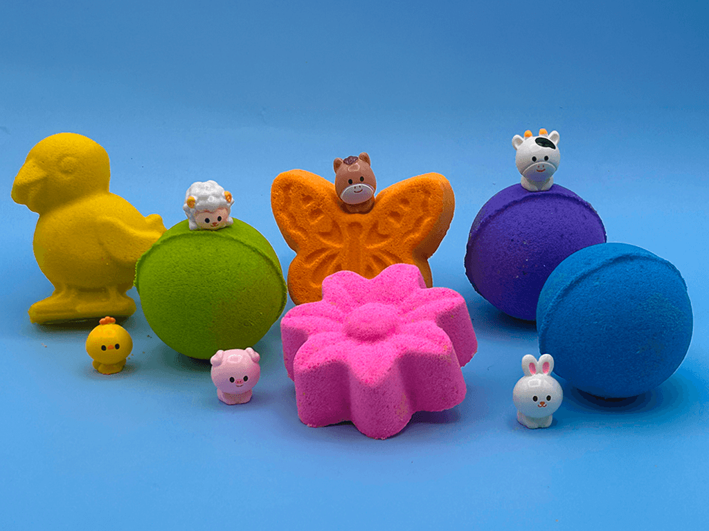 BASICS Spring Farm Babies Kids Bath Bomb Bag with Baby Farm Animal Figures Inside – 6 ct - Berwyn Betty's Bath & Body Shop