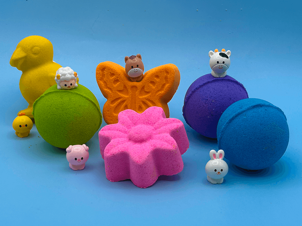 BASICS Spring Farm Babies Kids Bath Bomb Bag with Baby Farm Animal Figures Inside – 6 ct - Berwyn Betty's Bath & Body Shop