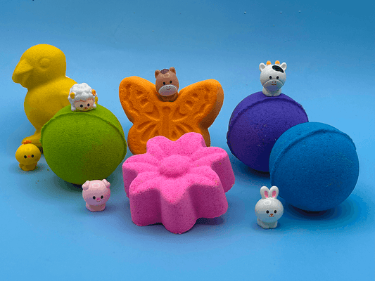 BASICS Spring Farm Babies Kids Bath Bomb Bag with Baby Farm Animal Figures Inside – 6 ct - Berwyn Betty's Bath & Body Shop