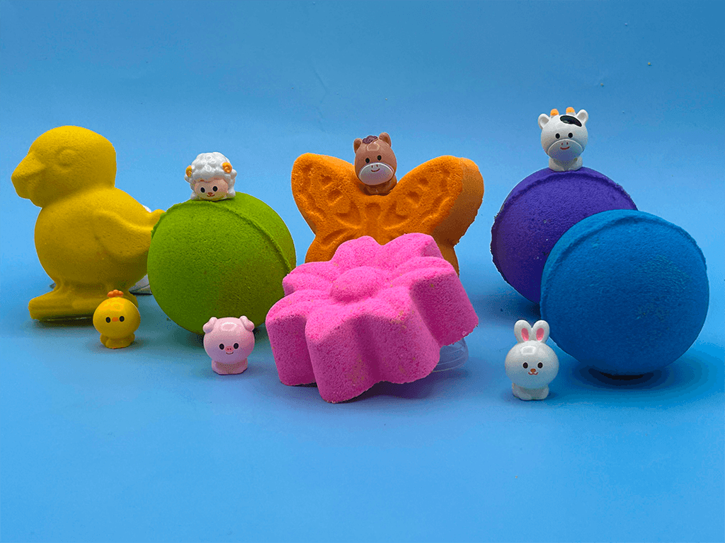 BASICS Spring Farm Babies Kids Bath Bomb Bag with Baby Farm Animal Figures Inside – 6 ct - Berwyn Betty's Bath & Body Shop