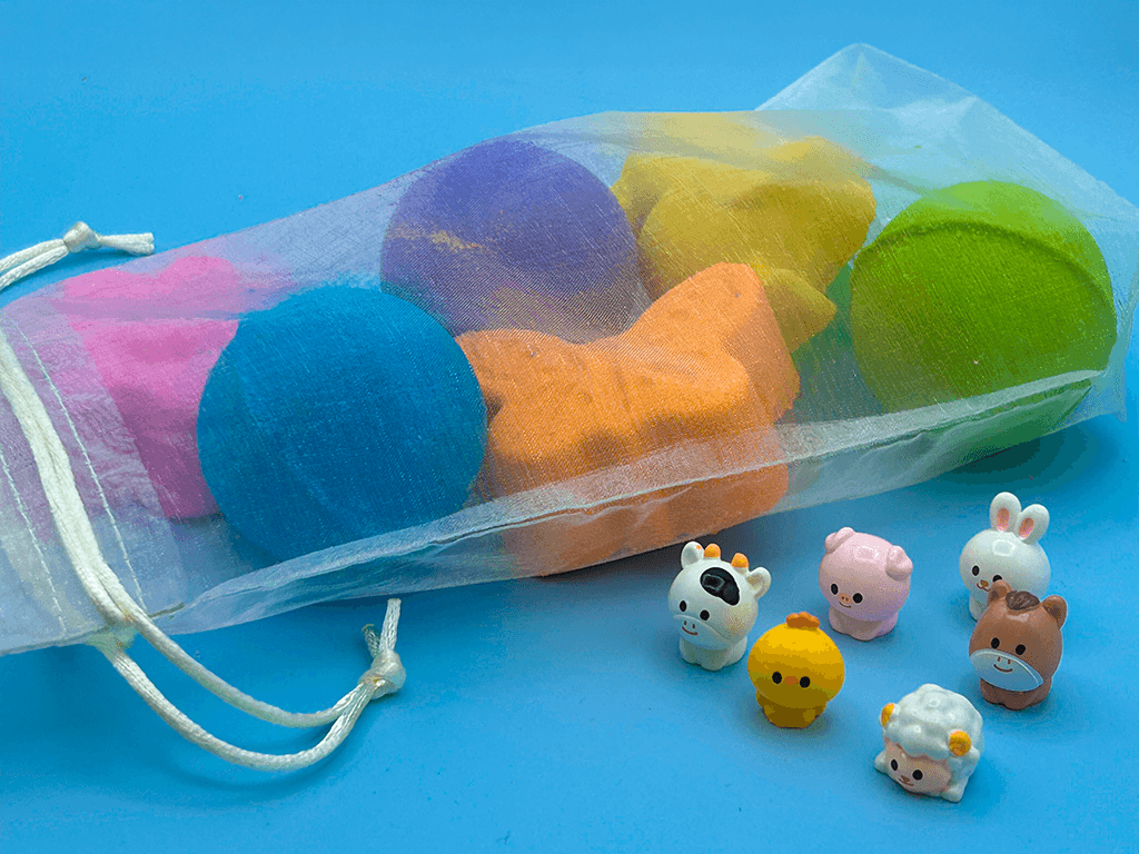 BASICS Spring Farm Babies Kids Bath Bomb Bag with Baby Farm Animal Figures Inside – 6 ct - Berwyn Betty's Bath & Body Shop