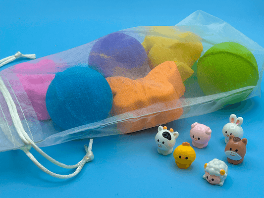 BASICS Spring Farm Babies Kids Bath Bomb Bag with Baby Farm Animal Figures Inside – 6 ct - Berwyn Betty's Bath & Body Shop