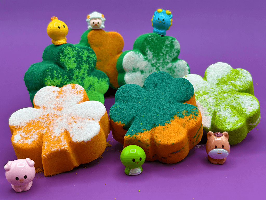 BASICS St Patrick Mini Shamrock Kids Bath Bomb Gift Bag with Surprise Animal Figure Inside - 6 Pack - Berwyn Betty's Bath & Body Shop