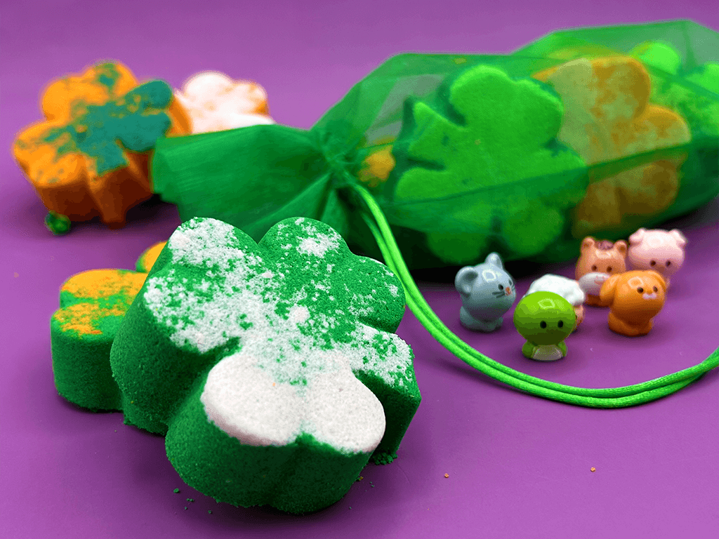 BASICS St Patrick Mini Shamrock Kids Bath Bomb Gift Bag with Surprise Animal Figure Inside - 6 Pack - Berwyn Betty's Bath & Body Shop