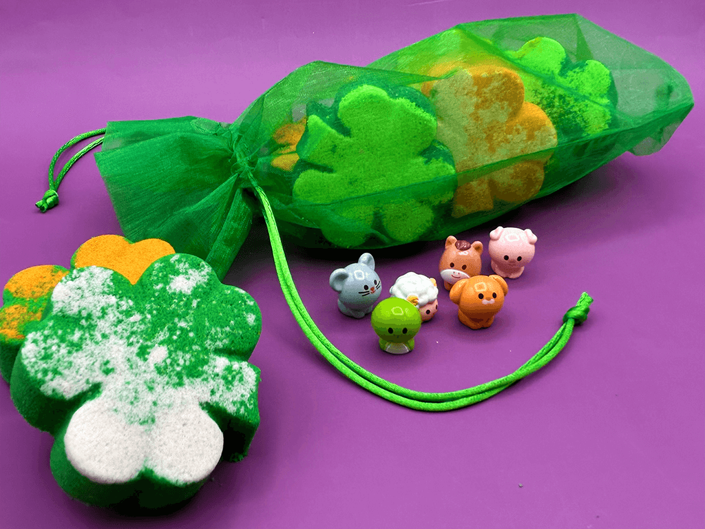 BASICS St Patrick Mini Shamrock Kids Bath Bomb Gift Bag with Surprise Animal Figure Inside - 6 Pack - Berwyn Betty's Bath & Body Shop