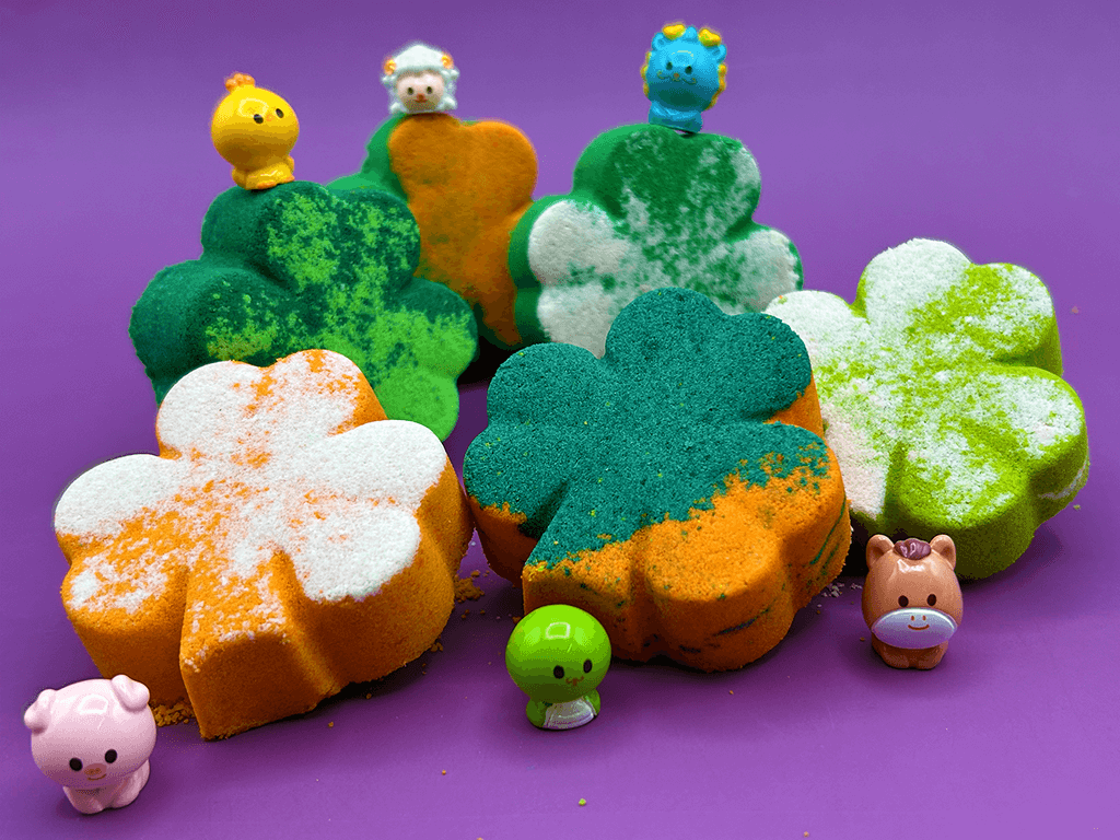 BASICS St Patrick Mini Shamrock Kids Bath Bomb Gift Bag with Surprise Animal Figure Inside - 6 Pack - Berwyn Betty's Bath & Body Shop