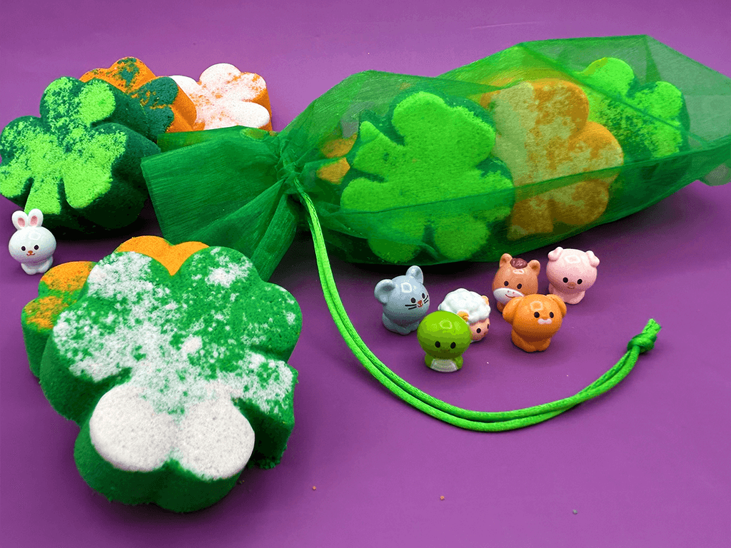 BASICS St Patrick Mini Shamrock Kids Bath Bomb Gift Bag with Surprise Animal Figure Inside - 6 Pack - Berwyn Betty's Bath & Body Shop