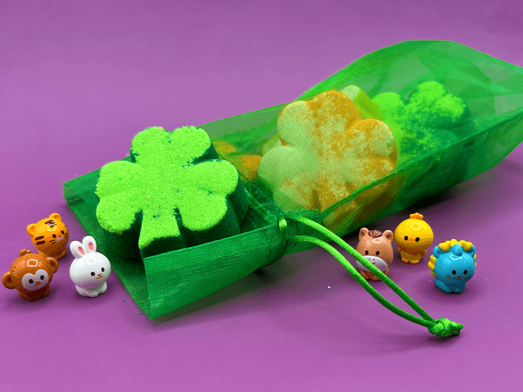 BASICS St Patrick Mini Shamrock Kids Bath Bomb Gift Bag with Surprise Animal Figure Inside - 6 Pack - Berwyn Betty's Bath & Body Shop
