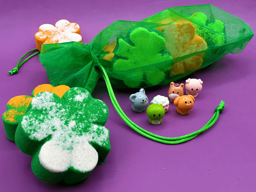 BASICS St Patrick Mini Shamrock Kids Bath Bomb Gift Bag with Surprise Animal Figure Inside - 6 Pack - Berwyn Betty's Bath & Body Shop
