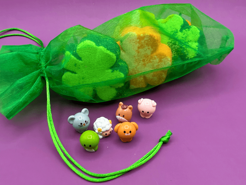 BASICS St Patrick Mini Shamrock Kids Bath Bomb Gift Bag with Surprise Animal Figure Inside - 6 Pack - Berwyn Betty's Bath & Body Shop