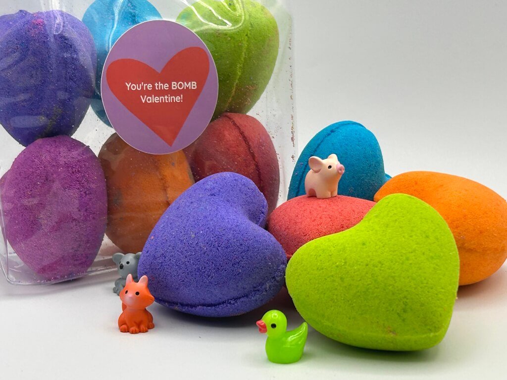 BASICS VALENTINE Hearts Kids Bath Bombs Bag with Animal Figures Inside - 6 ct - Berwyn Betty's Bath & Body Shop