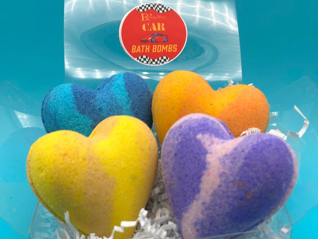 CAR HEARTS Kids Bath Bomb Gift Box with Car Toys Inside - 4 Pack - Berwyn Betty's Bath & Body Shop