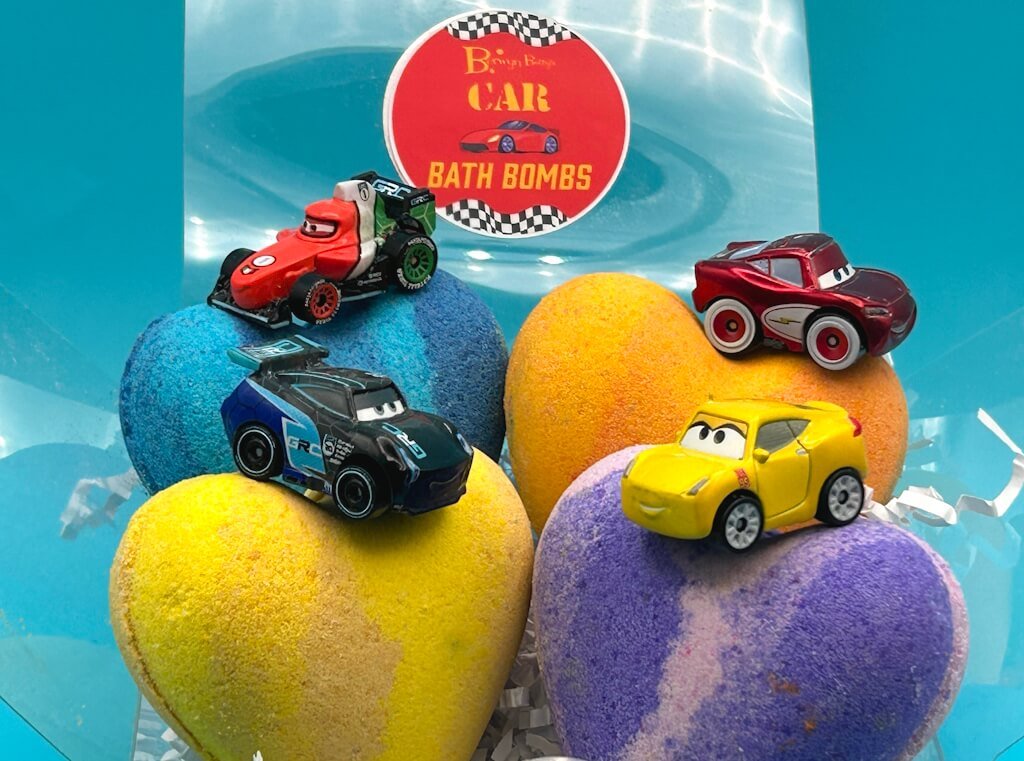 CAR HEARTS Kids Bath Bomb Gift Box with Car Toys Inside - 4 Pack - Berwyn Betty's Bath & Body Shop