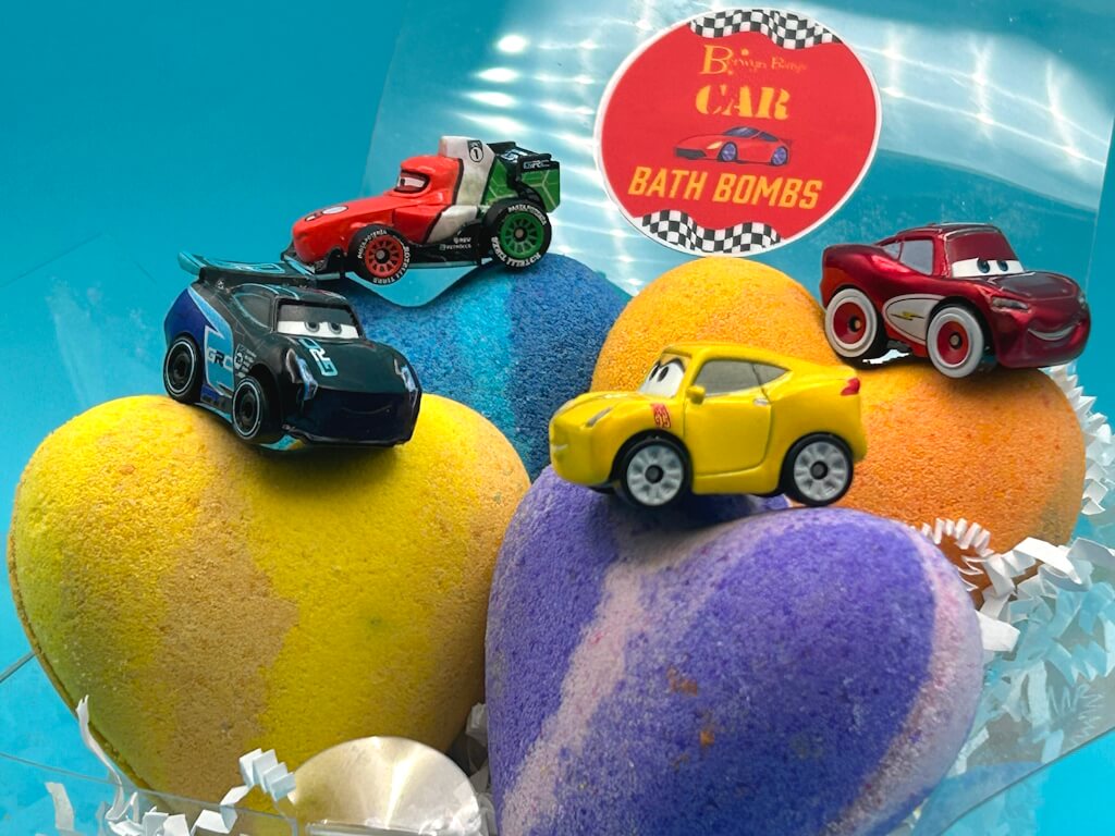 CAR HEARTS Kids Bath Bomb Gift Box with Car Toys Inside - 4 Pack - Berwyn Betty's Bath & Body Shop