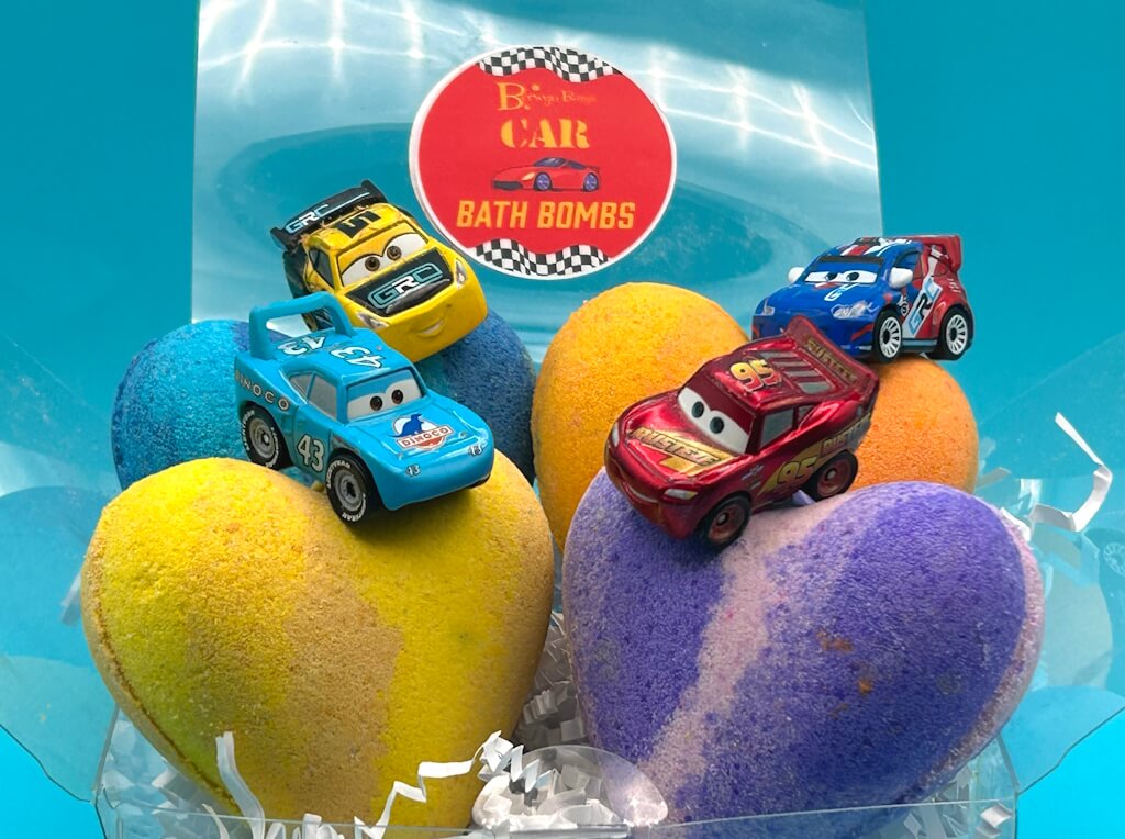 CAR HEARTS Kids Bath Bomb Gift Box with Car Toys Inside - 4 Pack - Berwyn Betty's Bath & Body Shop