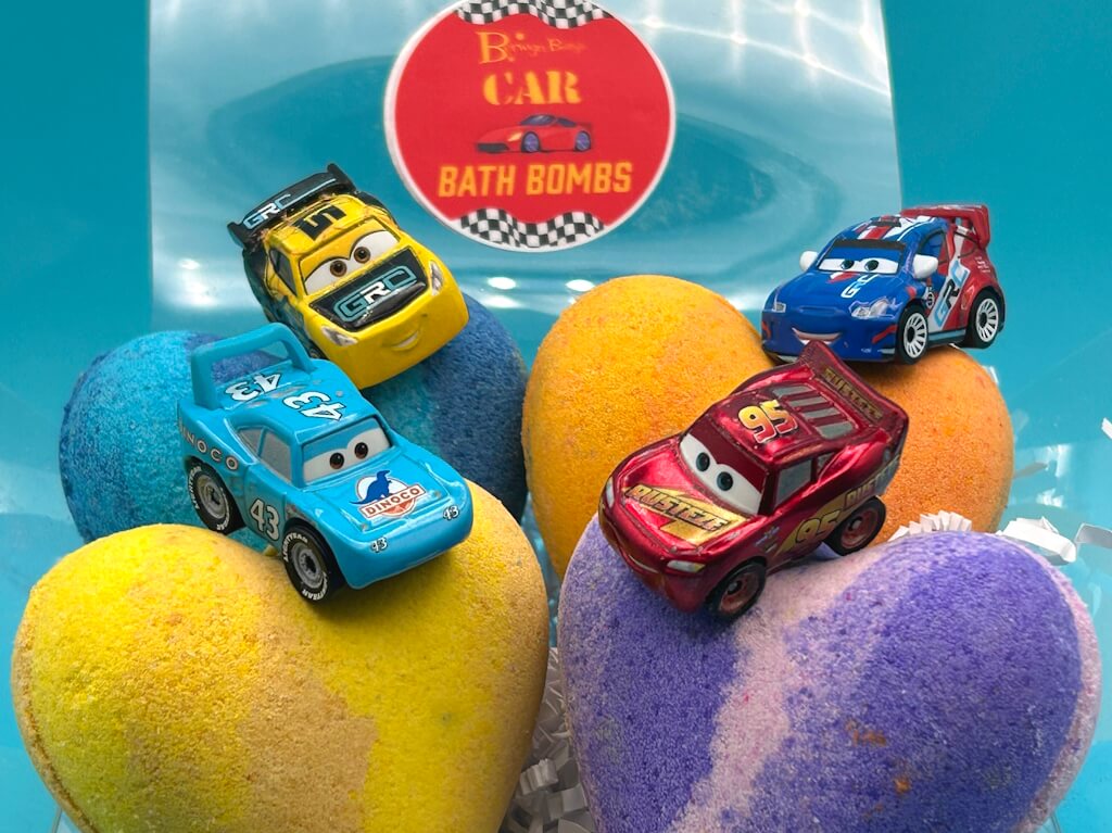 CAR HEARTS Kids Bath Bomb Gift Box with Car Toys Inside - 4 Pack - Berwyn Betty's Bath & Body Shop