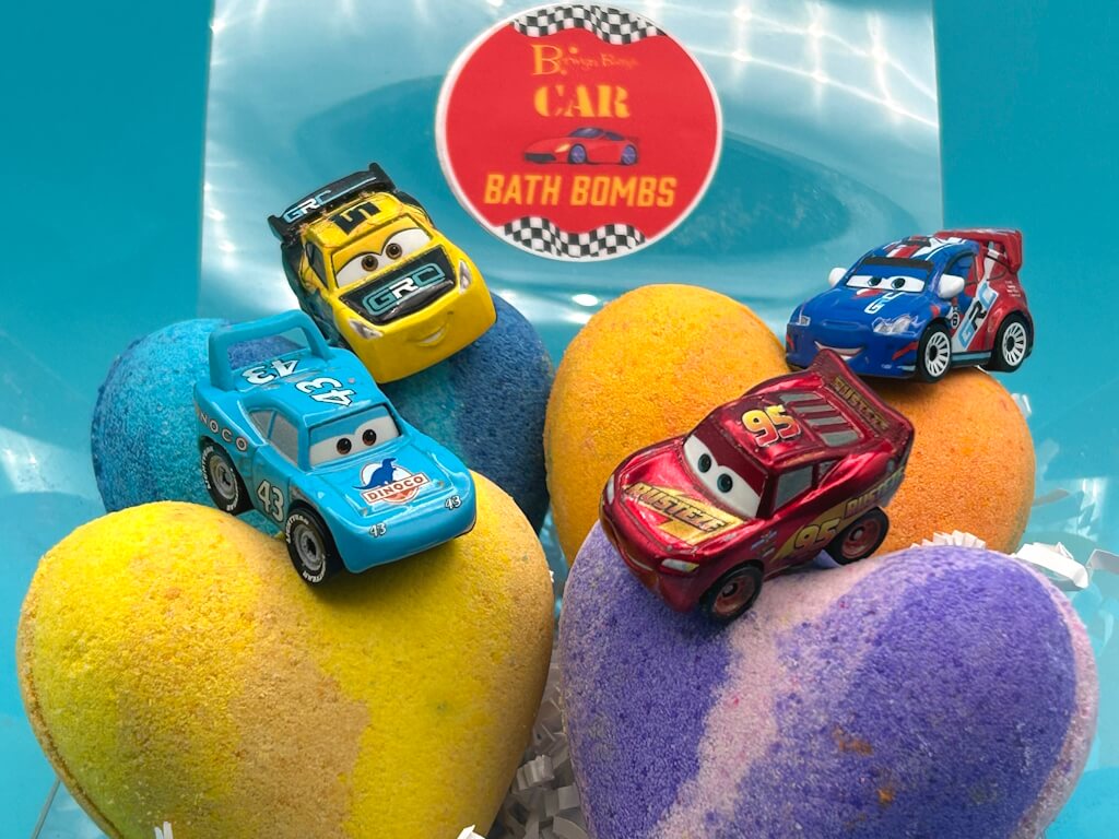 CAR HEARTS Kids Bath Bomb Gift Box with Car Toys Inside - 4 Pack - Berwyn Betty's Bath & Body Shop