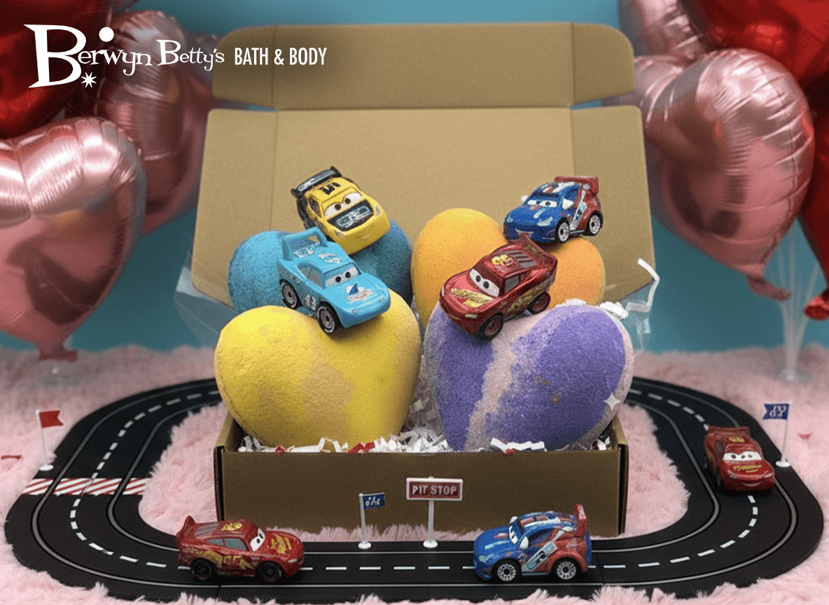 CAR HEARTS Kids Bath Bomb Gift Box with Car Toys Inside - 4 Pack - Berwyn Betty's Bath & Body Shop