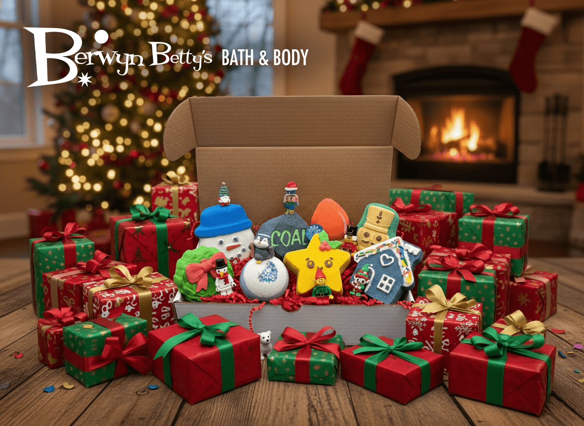 CHRISTMAS Kids Bath Bomb Gift Box with Holiday Themed Bombs - 8 ct - Berwyn Betty's Bath & Body Shop