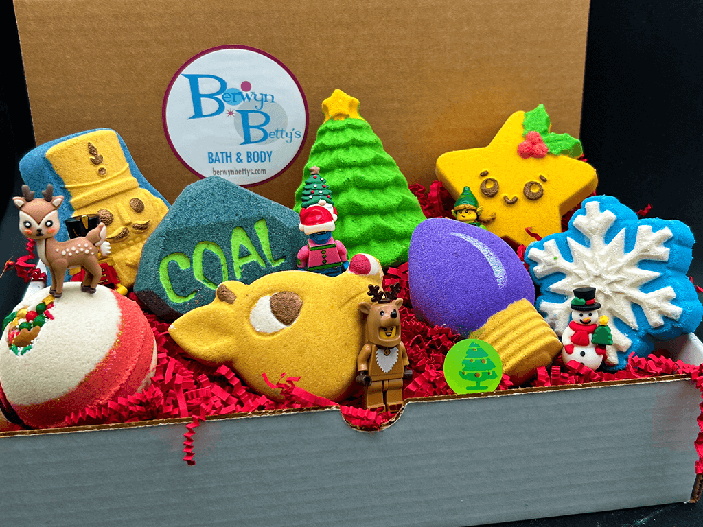 CHRISTMAS Kids Bath Bomb Gift Box with Holiday Themed Bombs - 8 ct - Berwyn Betty's Bath & Body Shop