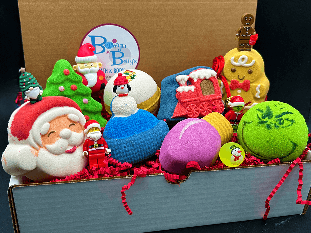 CHRISTMAS Kids Bath Bomb Gift Box with Holiday Themed Bombs - 8 ct - Berwyn Betty's Bath & Body Shop