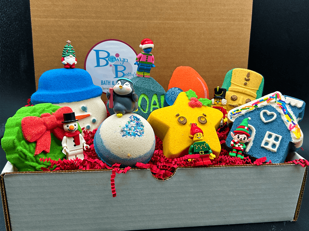 CHRISTMAS Kids Bath Bomb Gift Box with Holiday Themed Bombs - 8 ct - Berwyn Betty's Bath & Body Shop