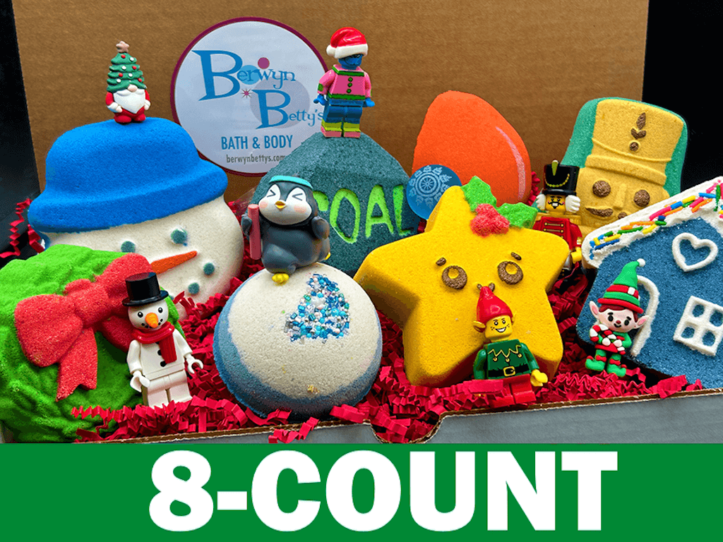 CHRISTMAS Kids Bath Bomb Gift Box with Holiday Themed Bombs - 8 ct - Berwyn Betty's Bath & Body Shop