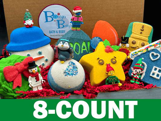 CHRISTMAS Kids Bath Bomb Gift Box with Holiday Themed Bombs - 8 ct - Berwyn Betty's Bath & Body Shop